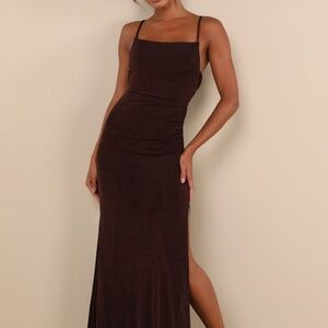 Lulus Complete Catch Brown Backless Lace Ruched Maxi Dress - Size L